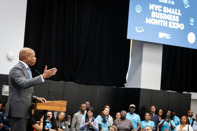 New York City Mayor Eric L. Adams speaking at the first NYC Small Business Month Expo